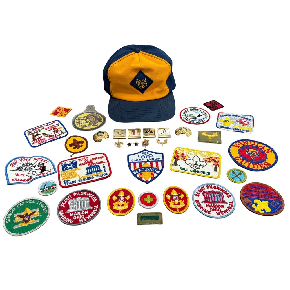 Vintage 70s Boy Scout Cub Patch Pin Lot Harding Area Council Ohio Chief Tarhe